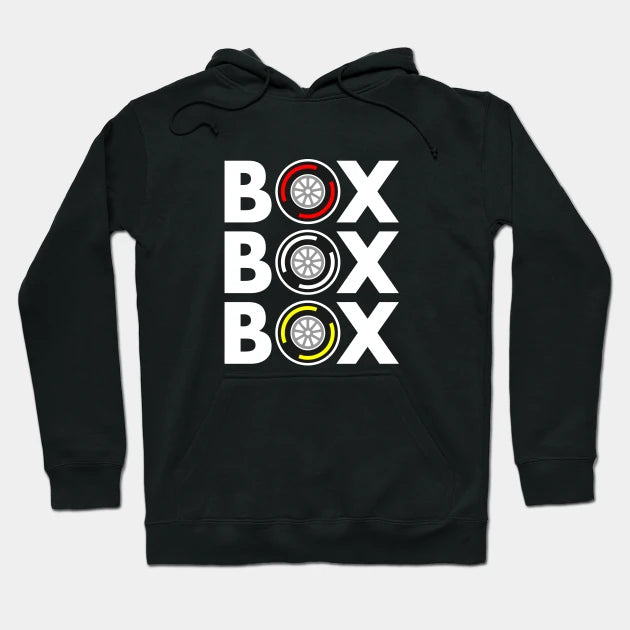 Box Box Box F1 Tyre Compound White Text Design Hoodie